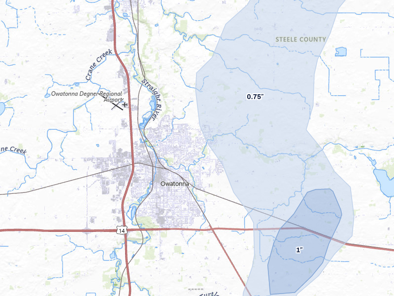 NEXRAD radar-signature map of the hail over Owatonna, MN