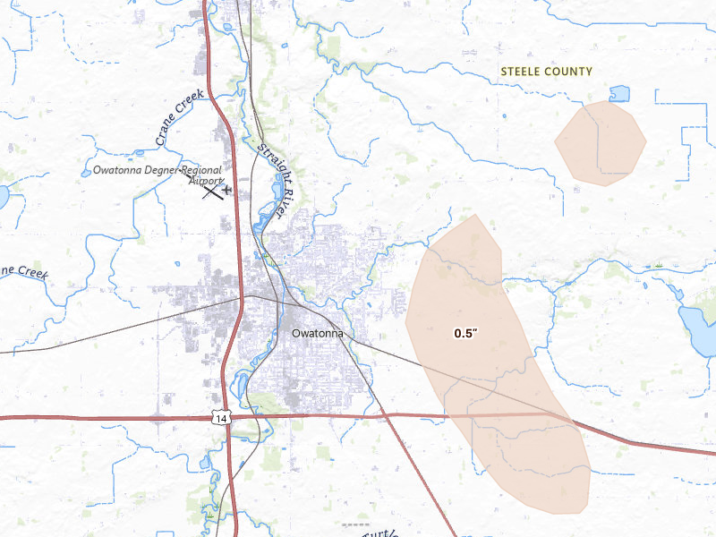Radar-estimated hail-size map of the storm over Owatonna, MN on Jun 7, 2026