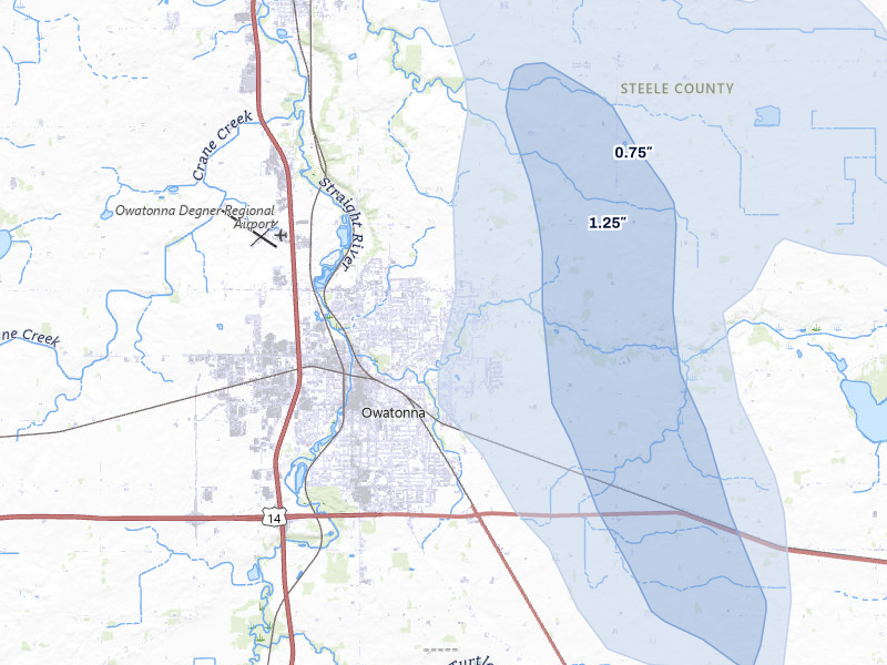 NEXRAD radar-signature map of the hail storm over Owatonna, MN on Jun 7, 2026