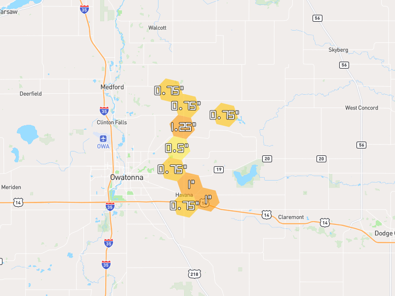 Hail map of Owatonna, MN on Jun 7, 2026, hail up to 1.25"