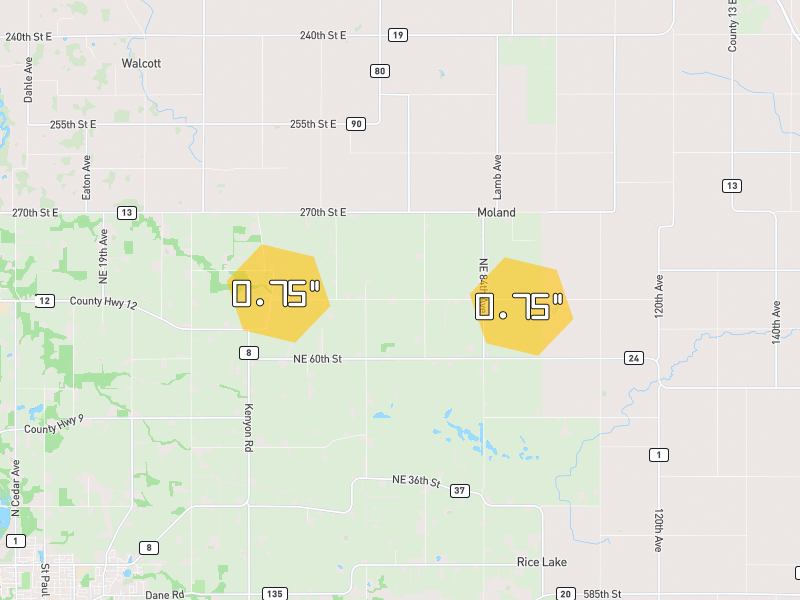 Hail map of Owatonna, MN on Jul 2, 2026, hail up to 0.75"