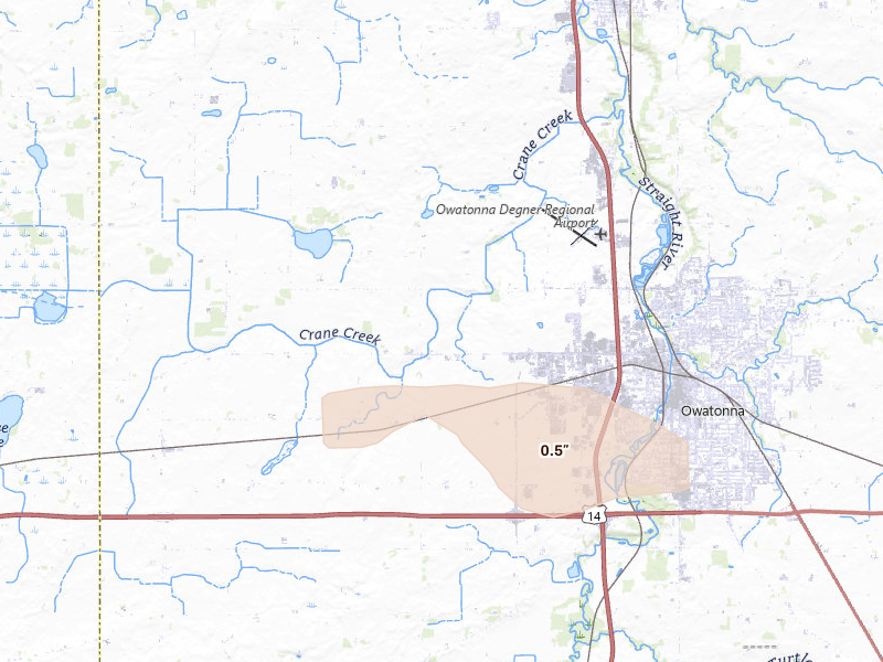 Radar-estimated hail-size map of the storm over Owatonna, MN on Aug 8, 2026