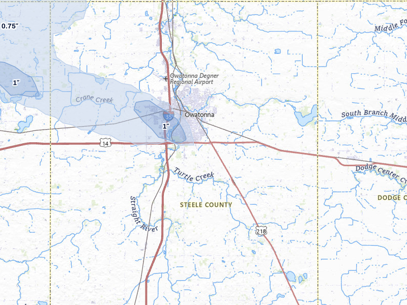NEXRAD radar-signature map of the hail storm over Owatonna, MN on Aug 8, 2026