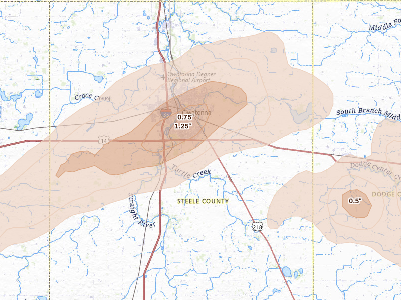 Radar-estimated hail-size map of the storm over Owatonna, MN on Sep 1, 2026