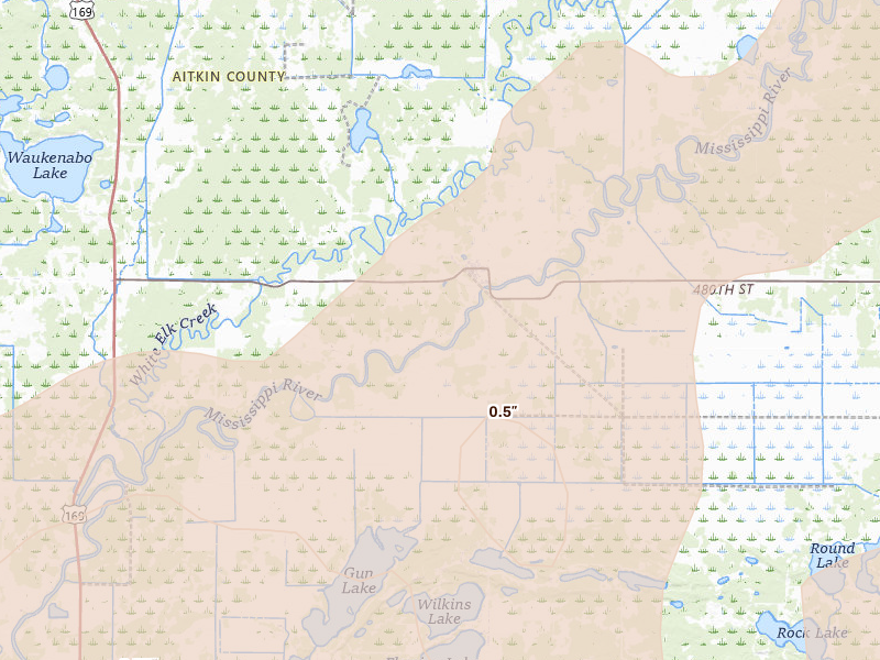 Radar-estimated hail-size map of the storm over Palisade, MN on Jun 29, 2026