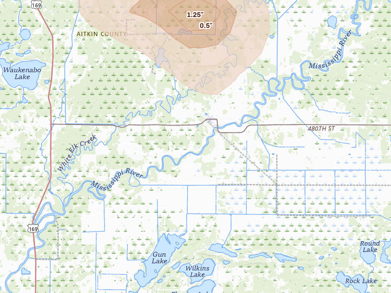 Radar-estimated hail-size map of the storm over Palisade, MN on Jul 3, 2026