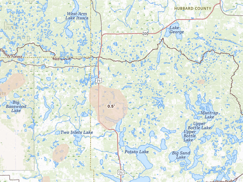 Radar-estimated hail-size map of the storm over Park Rapids, MN on Jun 9, 2026