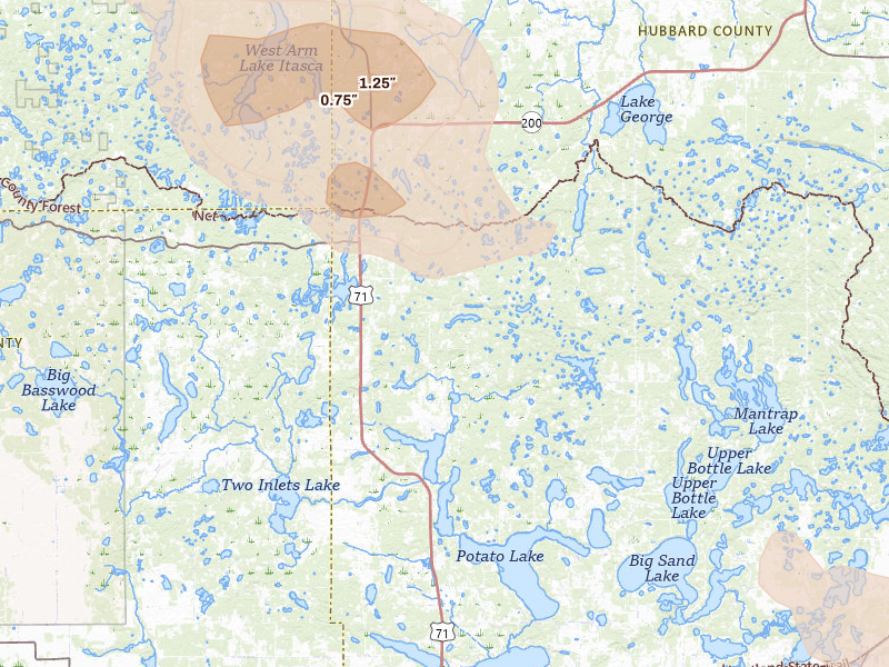 Radar-estimated hail-size map of the storm over Park Rapids, MN on Jun 23, 2026