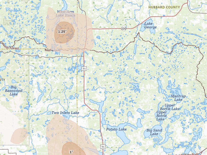 Radar-estimated hail-size map of the storm over Park Rapids, MN on Jul 4, 2026