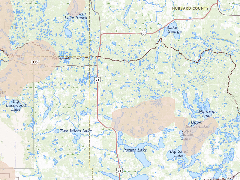 Radar-estimated hail-size map of the storm over Park Rapids, MN on Jul 6, 2026