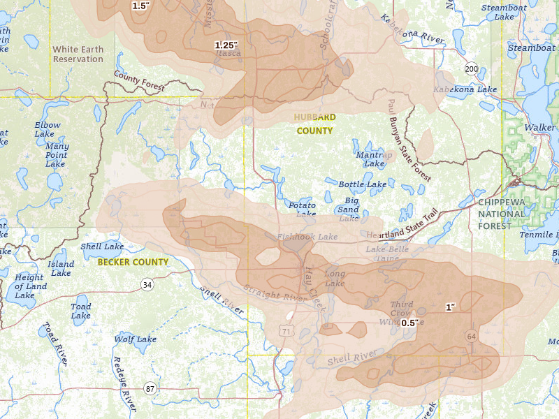 Radar-estimated hail-size map of the storm over Park Rapids, MN on Aug 6, 2026