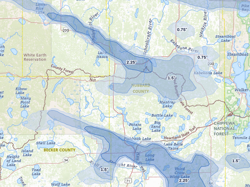 NEXRAD radar-signature map of the hail storm over Park Rapids, MN on Aug 6, 2026