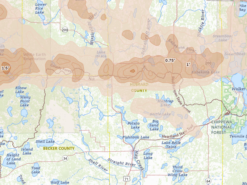 Radar-estimated hail-size map of the storm over Park Rapids, MN