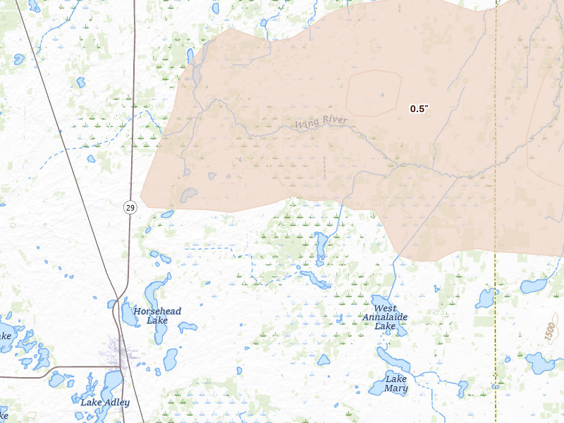 Radar-estimated hail-size map of the storm over Parkers Prairie, MN on Jun 29, 2026