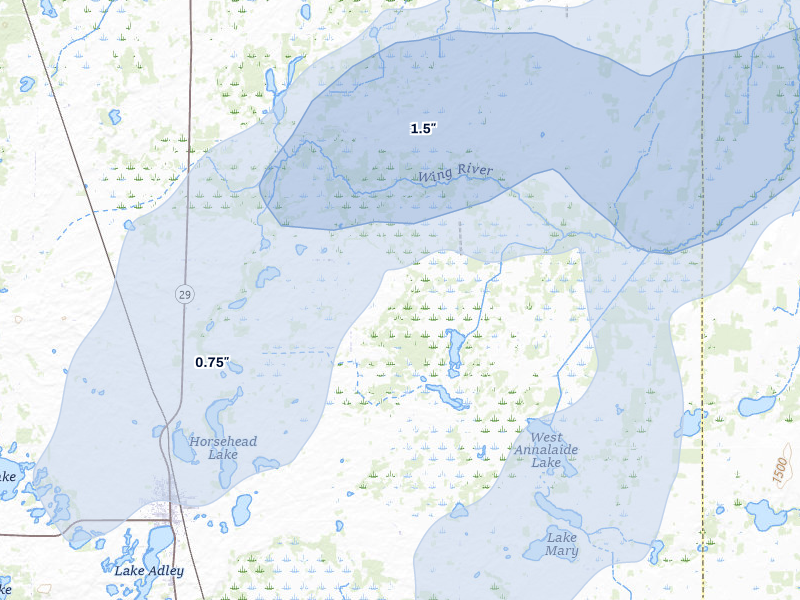 NEXRAD radar-signature map of the hail over Parkers Prairie, MN