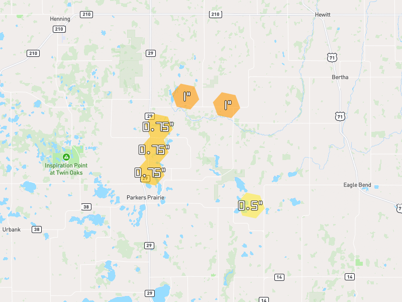 Hail map of Parkers Prairie, MN on Jun 29, 2026, hail up to 1"