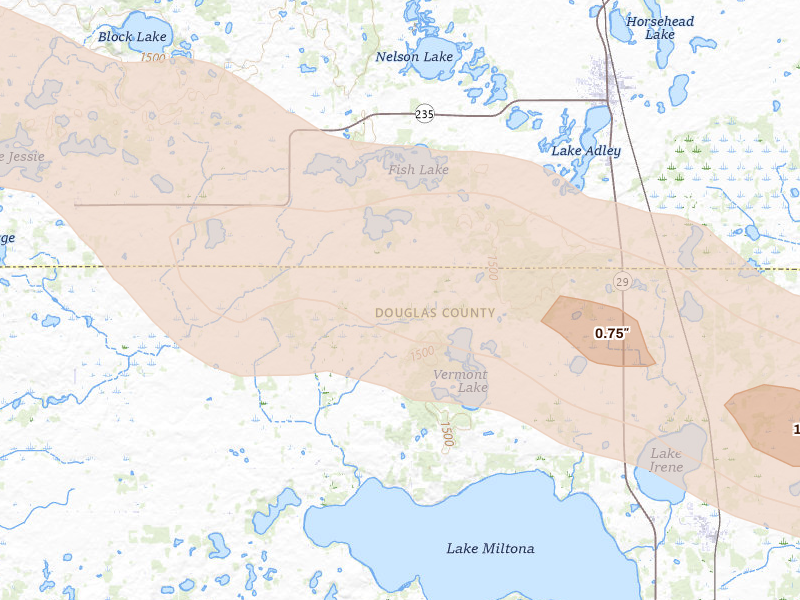 Radar-estimated hail-size map of the storm over Parkers Prairie, MN on Sep 3, 2026