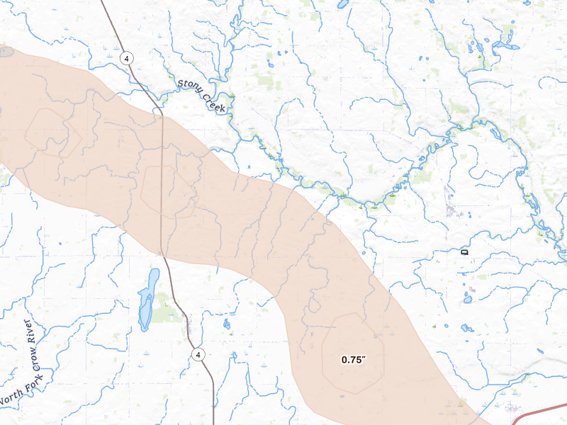 Radar-estimated hail-size map of the storm over Paynesville, MN on Jun 5, 2026