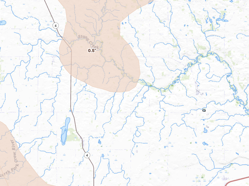 Radar-estimated hail-size map of the storm over Paynesville, MN on Jul 4, 2026