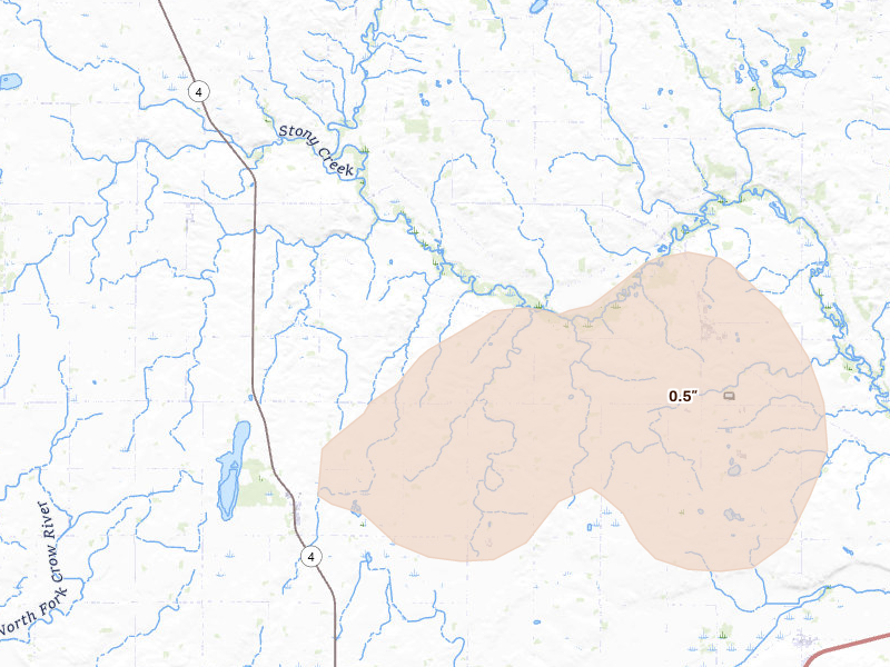 Radar-estimated hail-size map of the storm over Paynesville, MN on Jul 25, 2026