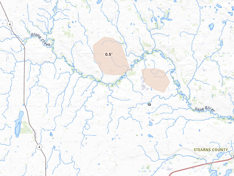 Radar-estimated hail-size map of the storm over Paynesville, MN on Aug 17, 2026