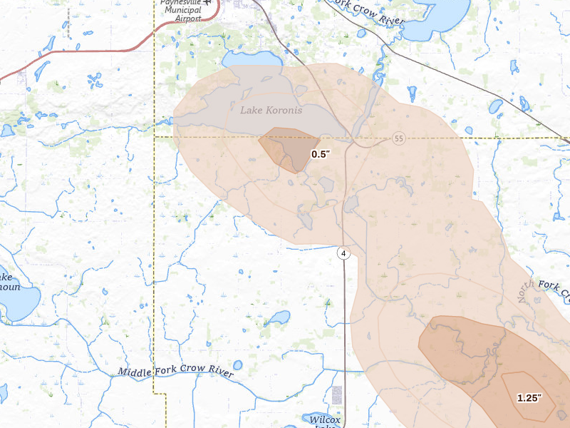 Radar-estimated hail-size map of the storm over Paynesville, MN on Aug 20, 2026