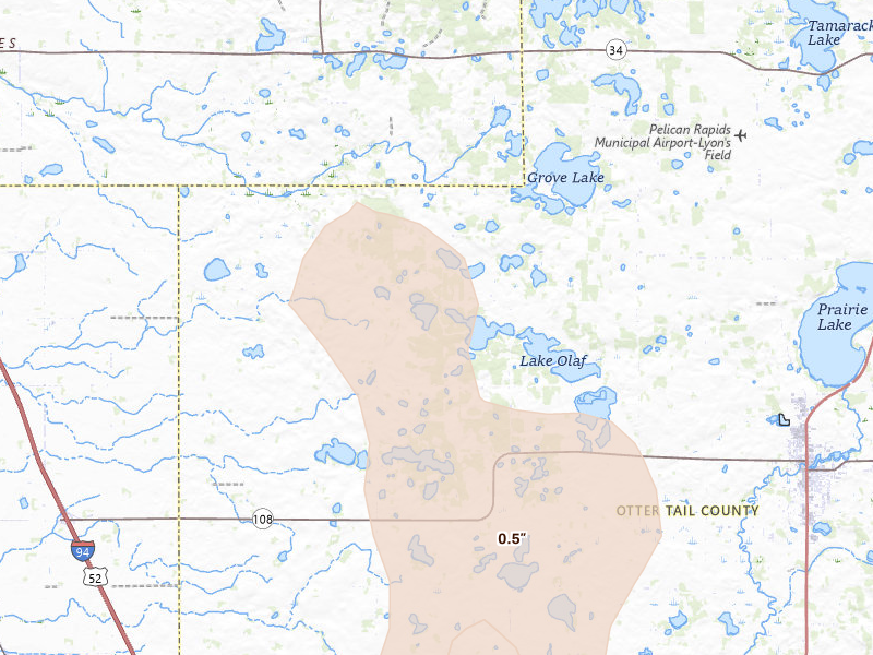 Radar-estimated hail-size map of the storm over Pelican Rapids, MN on Jun 9, 2026