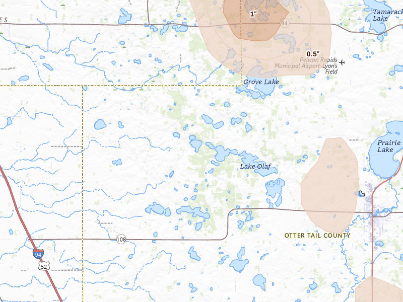 Radar-estimated hail-size map of the storm over Pelican Rapids, MN on Jul 4, 2026