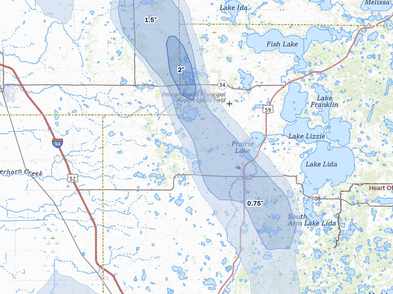 NEXRAD radar-signature map of the hail over Pelican Rapids, MN