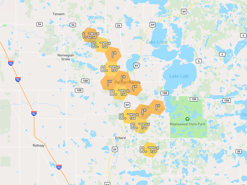 Hail map of Pelican Rapids, MN on Jul 4, 2026, hail up to 1.25"
