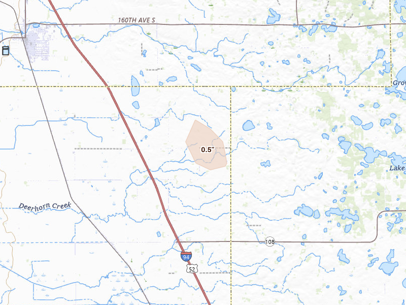Radar-estimated hail-size map of the storm over Pelican Rapids, MN on Aug 21, 2026