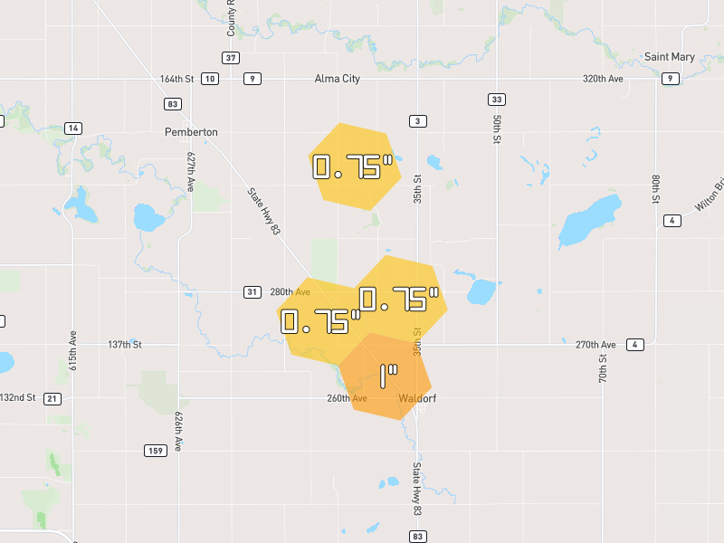 Hail map of Pemberton, MN on Jul 1, 2026, hail up to 1"