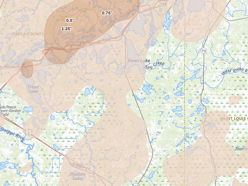 Radar-estimated hail-size map of the storm over Pengilly, MN on Jun 29, 2026