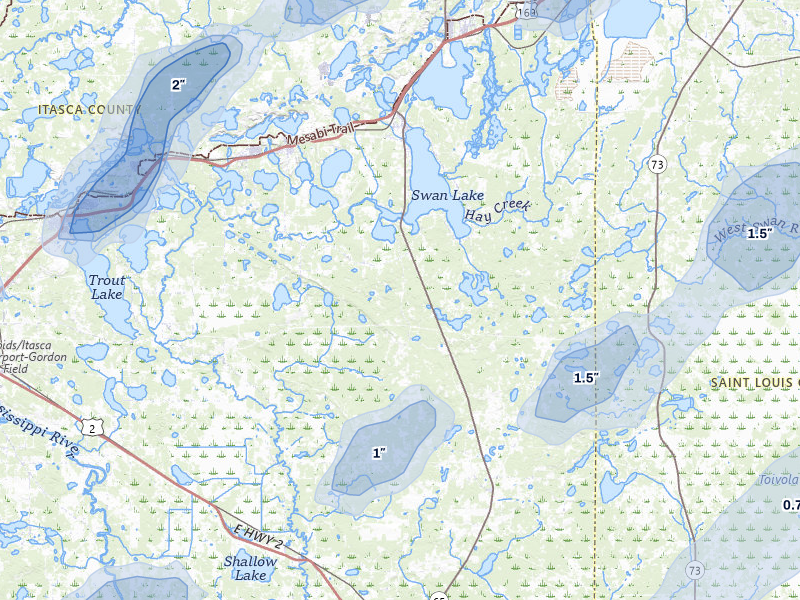 NEXRAD radar-signature map of the hail storm over Pengilly, MN on Jun 29, 2026