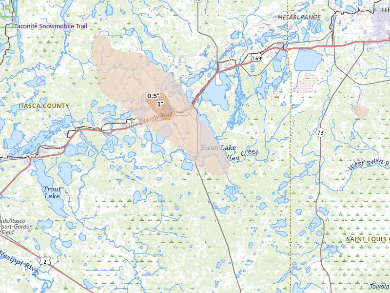 Radar-estimated hail-size map of the storm over Pengilly, MN on Aug 20, 2026