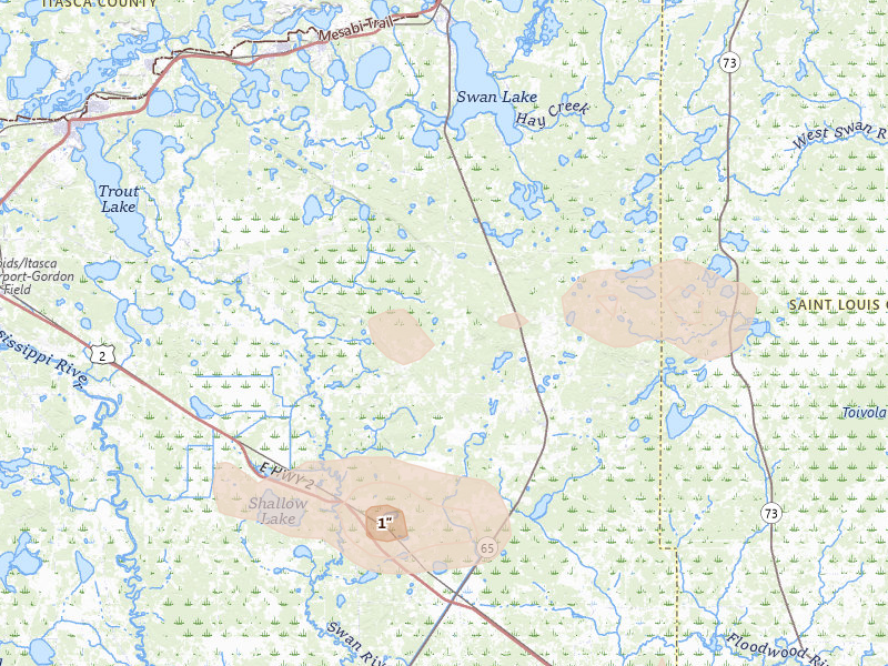 Radar-estimated hail-size map of the storm over Pengilly, MN on Aug 25, 2026