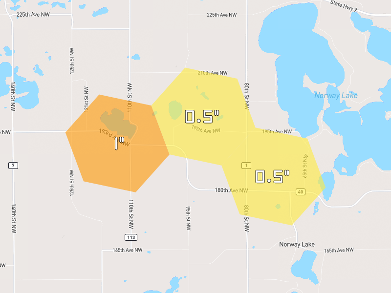 Hail map of Pennock, MN on Jul 7, 2026, hail up to 1"