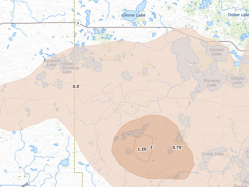 Radar-estimated hail-size map of the storm over Pennock, MN on Aug 7, 2026