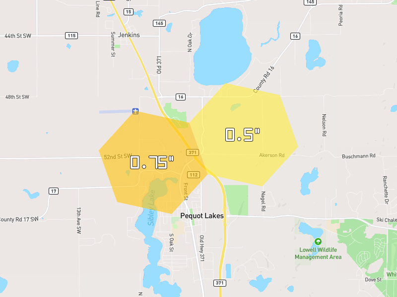 Hail map of Pequot Lakes, MN on Jun 5, 2026, hail up to 0.75"