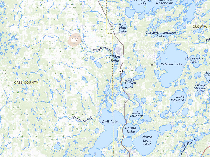 Radar-estimated hail-size map of the storm over Pequot Lakes, MN on Jun 9, 2026