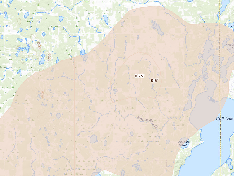 Radar-estimated hail-size map of the storm over Pequot Lakes, MN on Jun 29, 2026