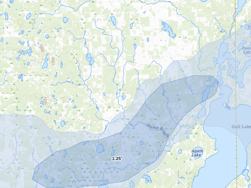 NEXRAD radar-signature map of the hail storm over Pequot Lakes, MN on Jun 29, 2026