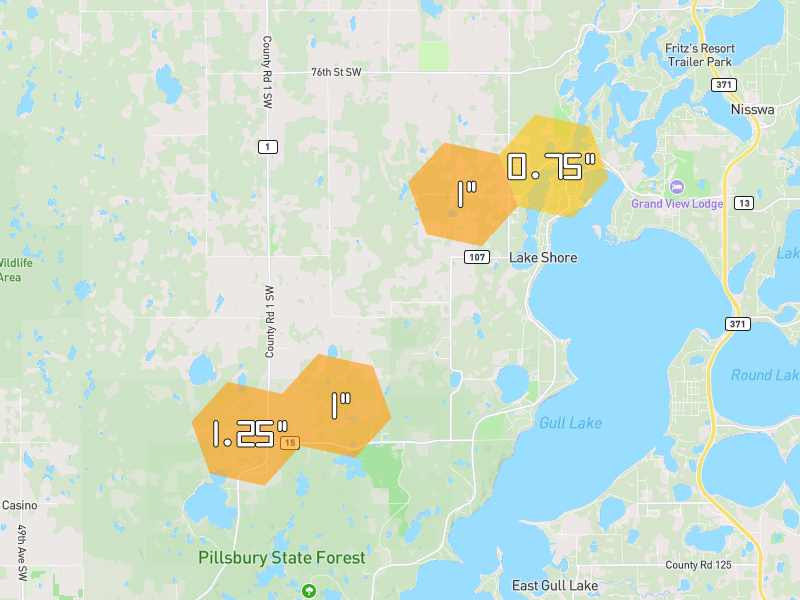 Hail map of Pequot Lakes, MN on Jun 29, 2026, hail up to 1.25"