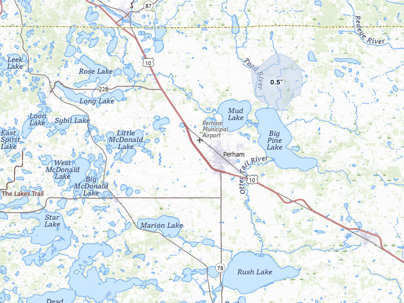 NEXRAD radar-signature map of the hail over Perham, MN