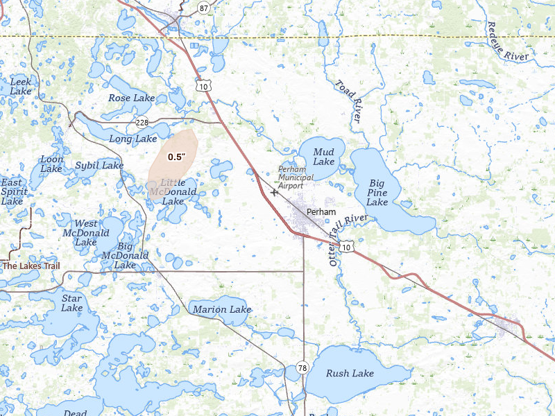 Radar-estimated hail-size map of the storm over Perham, MN on Jun 8, 2026