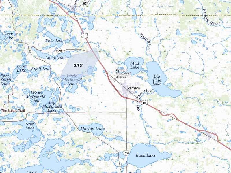 NEXRAD radar-signature map of the hail storm over Perham, MN on Jun 8, 2026