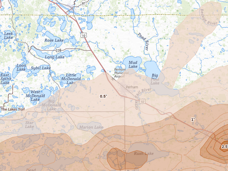 Radar-estimated hail-size map of the storm over Perham, MN on Jun 29, 2026