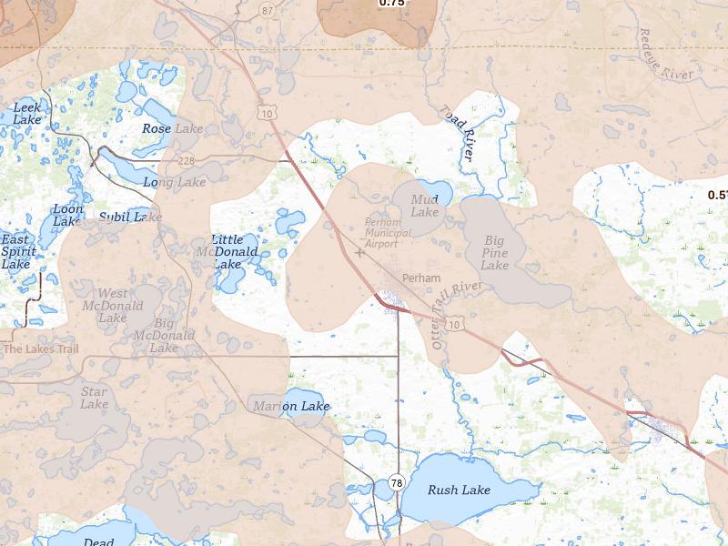 Radar-estimated hail-size map of the storm over Perham, MN on Jul 6, 2026