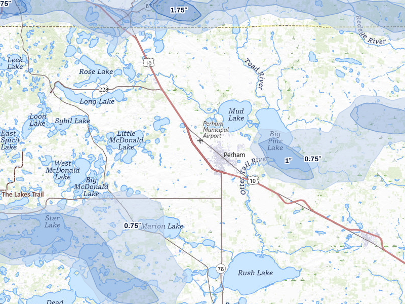 NEXRAD radar-signature map of the hail storm over Perham, MN on Jul 6, 2026