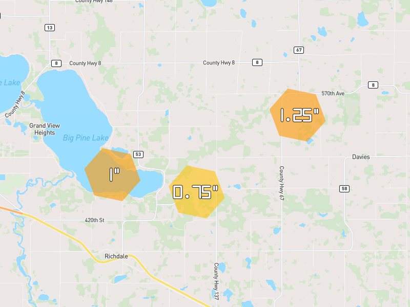 Hail map of Perham, MN on Jul 7, 2026, hail up to 1.25"